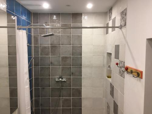 a bathroom with a shower with gray tiles at UkuleleHaus Lunow am Nationalpark Unteres Odertal in Lunow