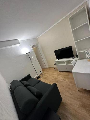un salon avec un canapé noir et une télévision dans l'établissement Parisian Stay in a Cosy Flat - République, à Paris