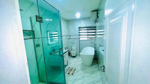 a bathroom with a glass shower and a toilet at 001 Apartments in Oshogbo