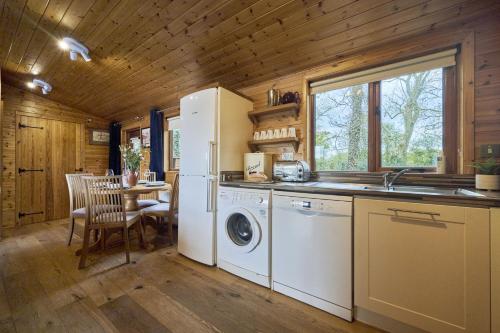 a kitchen with a washer and dryer in a cabin at Buzzard Lodge with Hot-tub in Carlisle