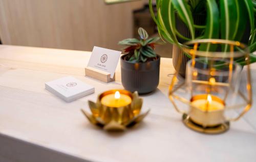 two candles sitting on a table with a potted plant at Zum Lenz in Langau