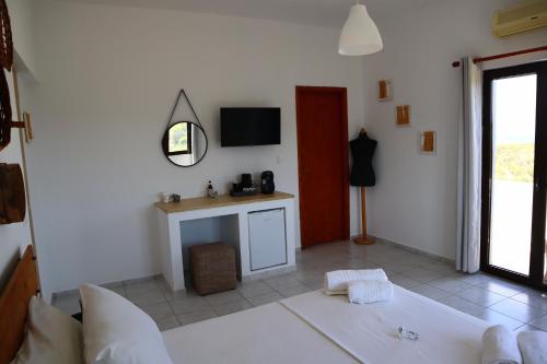 Villa Stefania Dream في Érfoi: غرفة معيشة بها أريكة وتلفزيون
