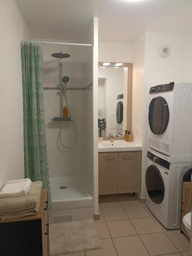 une salle de bain avec douche et machine à laver dans l'établissement Studio tout confort Massy-Paris, à Massy
