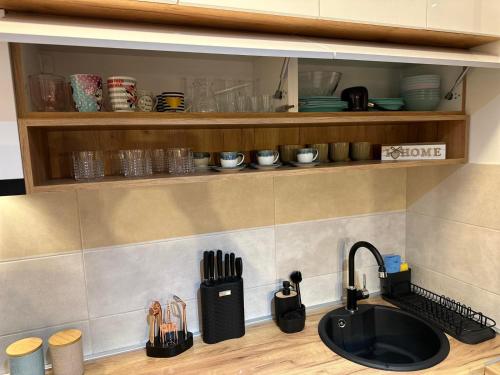 a kitchen counter with a sink and utensils on a shelf at Violet deluxe in Niš