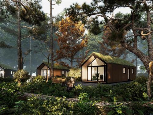 een weergave van een tiny house met een grasdak bij Comfortable house with a garden and parking in Haarle