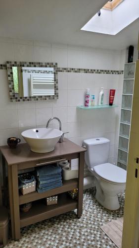 une salle de bain avec un lavabo et des toilettes dans l'établissement Maisonnette près de Paris et de l'aéroport d'Orly, à Villeneuve-le-Roi