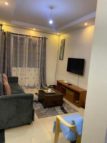 a living room with a couch and a tv at Thika Furnished Apartments in Thika