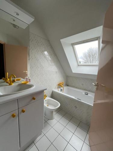 une salle de bain avec un lavabo et des toilettes et une fenêtre dans l'établissement VILLA TYJOB, à Moëlan-sur-Mer