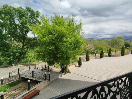 a view of a park with a tree and benches at Boyuk Ashirim Hotel in Ganja