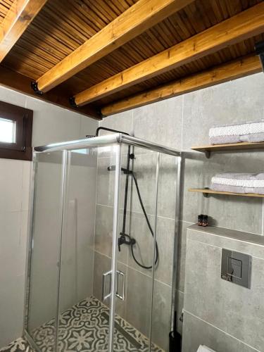 y baño con ducha y puerta de cristal. en Olympus Country House, en Kariá