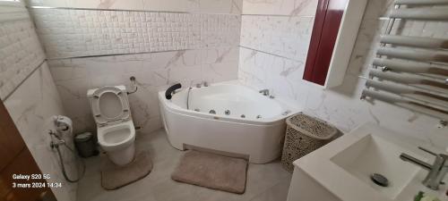 La salle de bains est pourvue d'une baignoire, de toilettes et d'un lavabo. dans l'établissement duplex avec jardin, à Dar el Haj Ahmed Souid