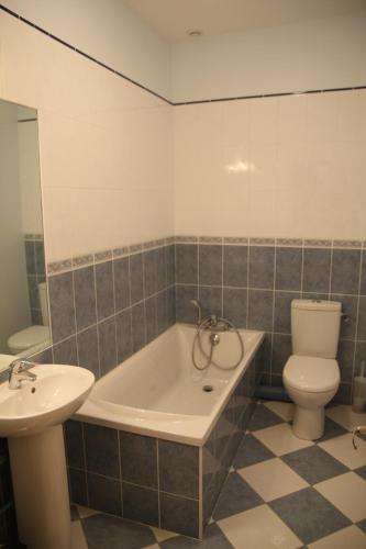 une salle de bain avec une baignoire, des toilettes et un lavabo dans l'établissement Aux grilles du Château de Saint-Aignan, à 2km de Beauval, les maisons de Sidonie et Léonard, à Saint-Aignan