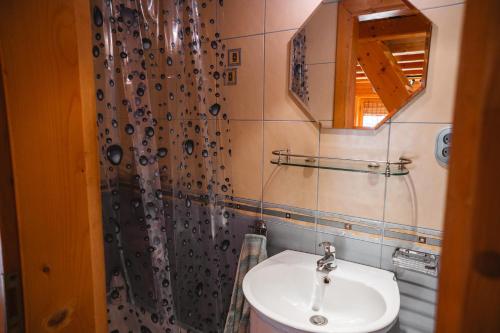 a bathroom with a sink and a shower curtain at Chata JÚLIA in Vernár