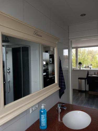 a bathroom with a sink and a large mirror at Penthouse centrum Krabbendijke in Krabbendijke
