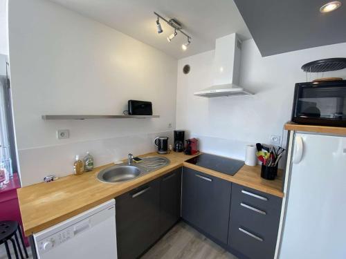 une petite cuisine avec un évier et un micro-ondes dans l'établissement Appartement vue mer avec parking privé et WiFi à Perros-Guirec - FR-1-542-60, à Perros-Guirec
