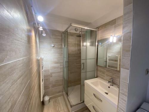 a bathroom with a shower and a sink at Appartement vue mer avec parking privé et WiFi à Perros-Guirec - FR-1-542-60 in Perros-Guirec