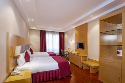 Three Steers Hotel في Meru: غرفه فندقيه سرير وتلفزيون