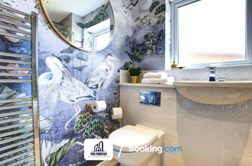曼徹斯特的住宿－3 bedroom House By NYOS PROPERTIES Short Lets & Serviced Accommodation Manchester With Garden，一间带卫生间、水槽和镜子的浴室