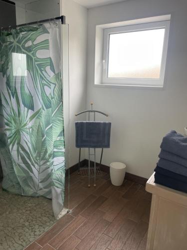 La salle de bains est pourvue d'une douche, d'une fenêtre et d'un lavabo. dans l'établissement Les Goelands, à Stella-Plage