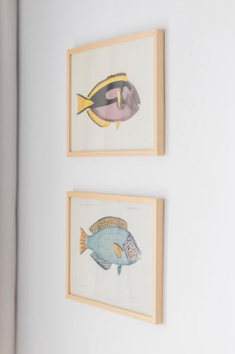 two framed illustrations of fish on a wall at Soho Boutique Las Vegas in Málaga