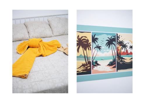 deux photos d'un lit avec un nœud jaune dessus dans l'établissement Casa Emilia-close to amenities and the beach, à Puerto del Carmen