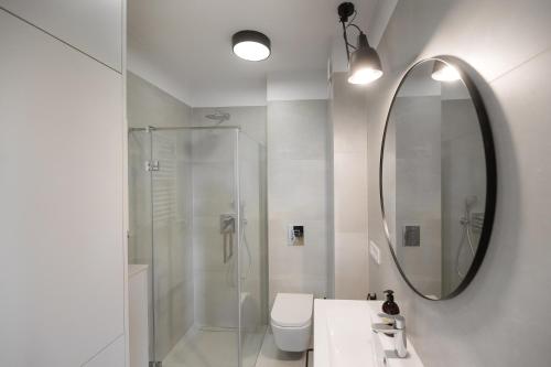 a bathroom with a shower and a toilet and a mirror at UNIQUE Apartment with parking in Toruń