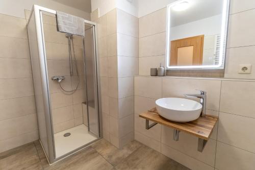 a bathroom with a sink and a shower at Ferienwohnung zur Burg in Stolpen