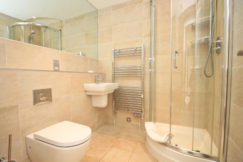 a bathroom with a shower and a toilet and a sink at CLOSE TO BEACH, dogs welcome, private garden in St Merryn