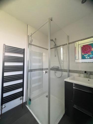 y baño con ducha acristalada y lavamanos. en Apartment The Address, en Carcassonne