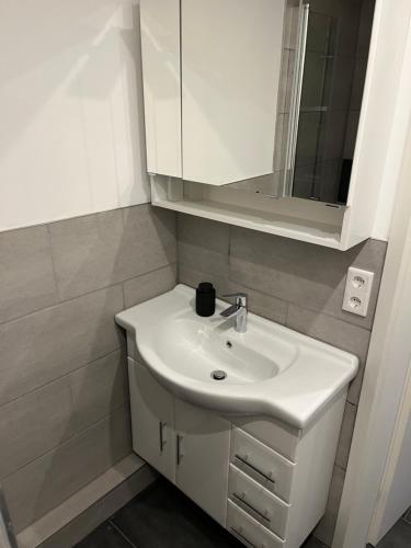 a bathroom with a white sink and a mirror at Kleine Auszeit in Altenau