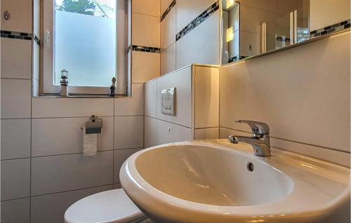 a bathroom with a sink and a toilet and a mirror at Awesome Home In Wittstock With Kitchen in Wittstock