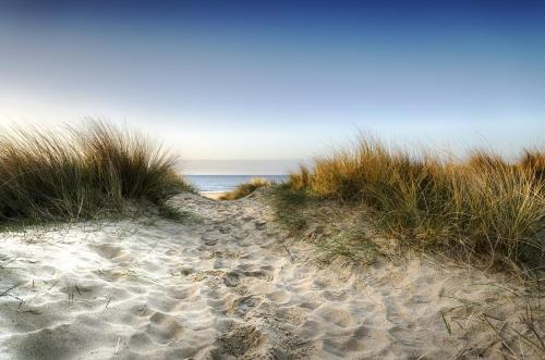 a sandy beach with grass and the ocean in the background at Holiday home with Panoramic Sea Views in Lytchett Minster
