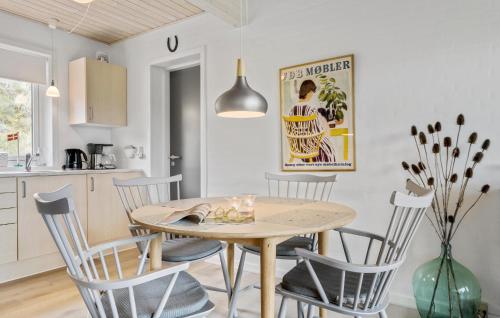 a kitchen and dining room with a wooden table and chairs at Lejl 1 in Havrvig