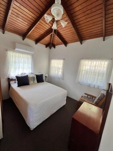 um quarto com uma cama e uma ventoinha de tecto em Caribbean Breeze em Gros Islet