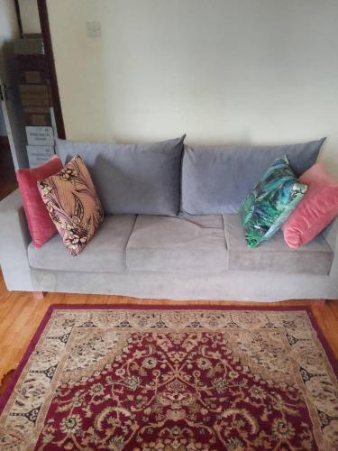 szara kanapa z poduszkami na dywanie w obiekcie Lakeview Serenity w mieście Entebbe