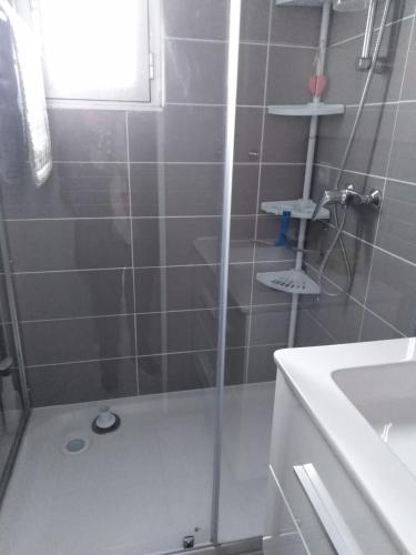 une douche avec une porte vitrée dans une salle de bain dans l'établissement Location de vacances, au Cap d'Agde