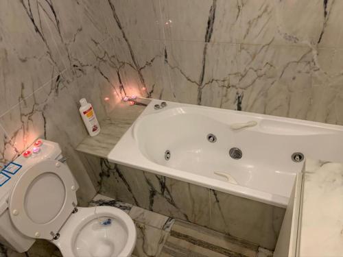 een badkamer met een toilet en een bad bij Quarto Triplo Privativo no Coração do Chiado in Lissabon