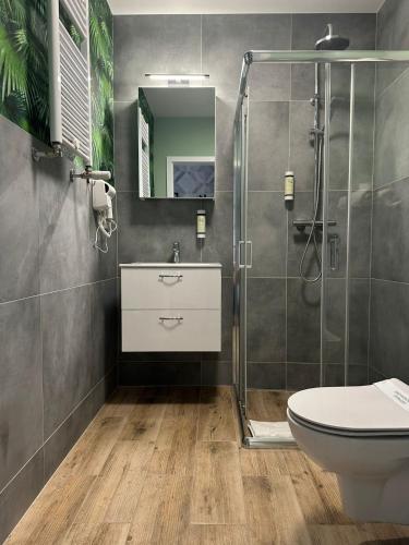 a bathroom with a shower and a toilet and a sink at Ama Molto Apartments in Wrocław