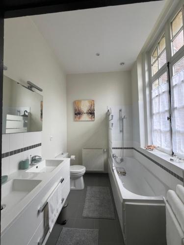 uma casa de banho com uma banheira, um lavatório e um WC. em Le Pellegrin em Halluin