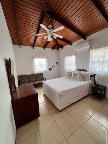 1 dormitorio con 1 cama y ventilador de techo en Caribbean Breeze, en Gros Islet