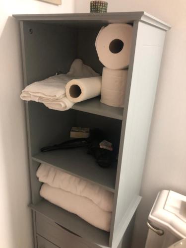 un armario con rollos de papel higiénico y toallas en Studio with private bath room, en Chicago
