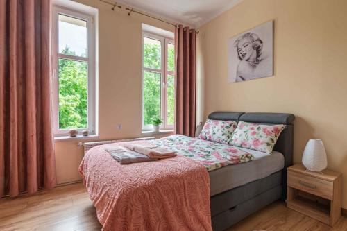 a bedroom with a bed and two windows at New apartment - Sunny & Quiet - 45m2 in Oświęcim