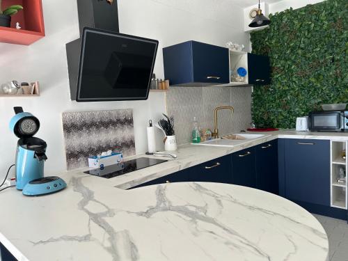 Il comprend une cuisine avec un évier et une télévision murale. dans l'établissement Terrasse brise marine, à La Grande Motte