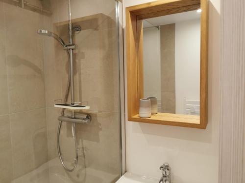 Un baño con ducha con espejo y lavabo. en T2 au cœur du Golfe de Saint Tropez, en Cogolin