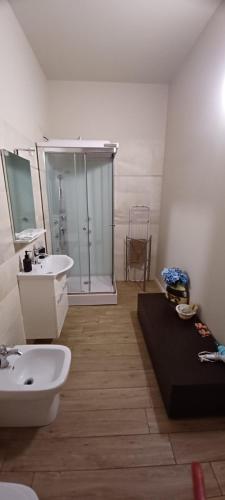 ein Bad mit einem Waschbecken, einem WC und einer Dusche in der Unterkunft Emmanueli65 fronte clinica per 4 matrimoniale e castello in Piacenza