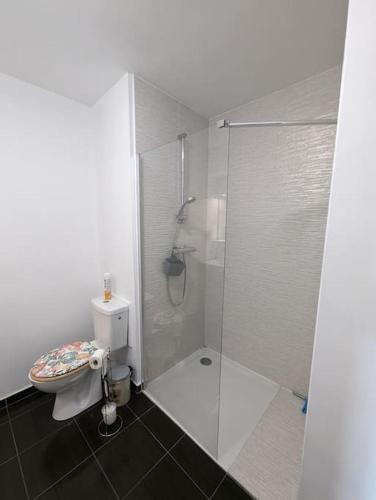 une salle de bain avec toilettes et douche en verre dans l'établissement Maubec YourHostHelper, à Bayonne
