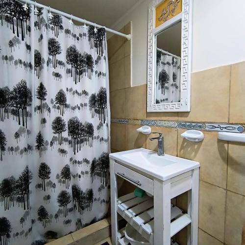 a bathroom with a sink and a shower curtain at San Luis Aparts in Carpintería