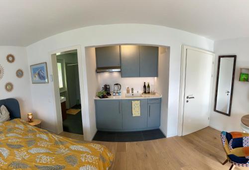 una cocina con una isla azul en una habitación en Au1807, en Blonay
