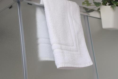 toalla blanca colgada en una puerta de cristal en el baño en b&b Adamà en Atena Lucana