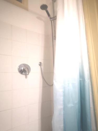 a shower with a shower head and a shower curtain at B&B PARNASO in Torre Annunziata
